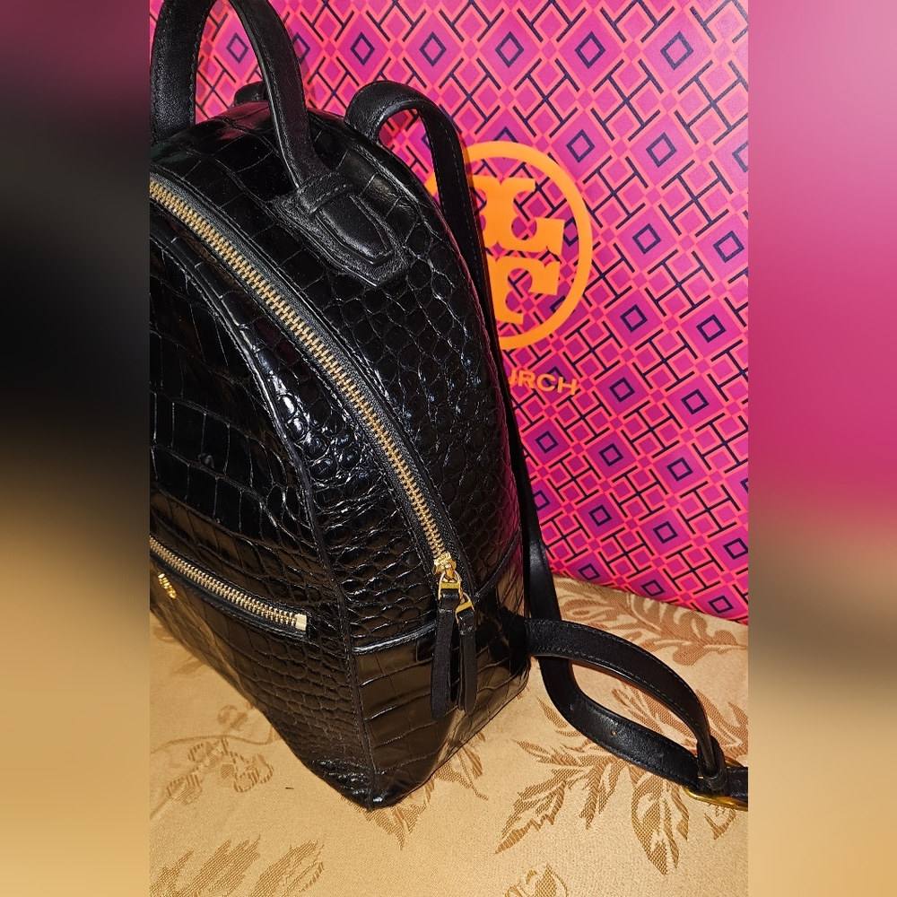 Tory Burch Black Croc-Embossed Backpack - Picture 2 of 9